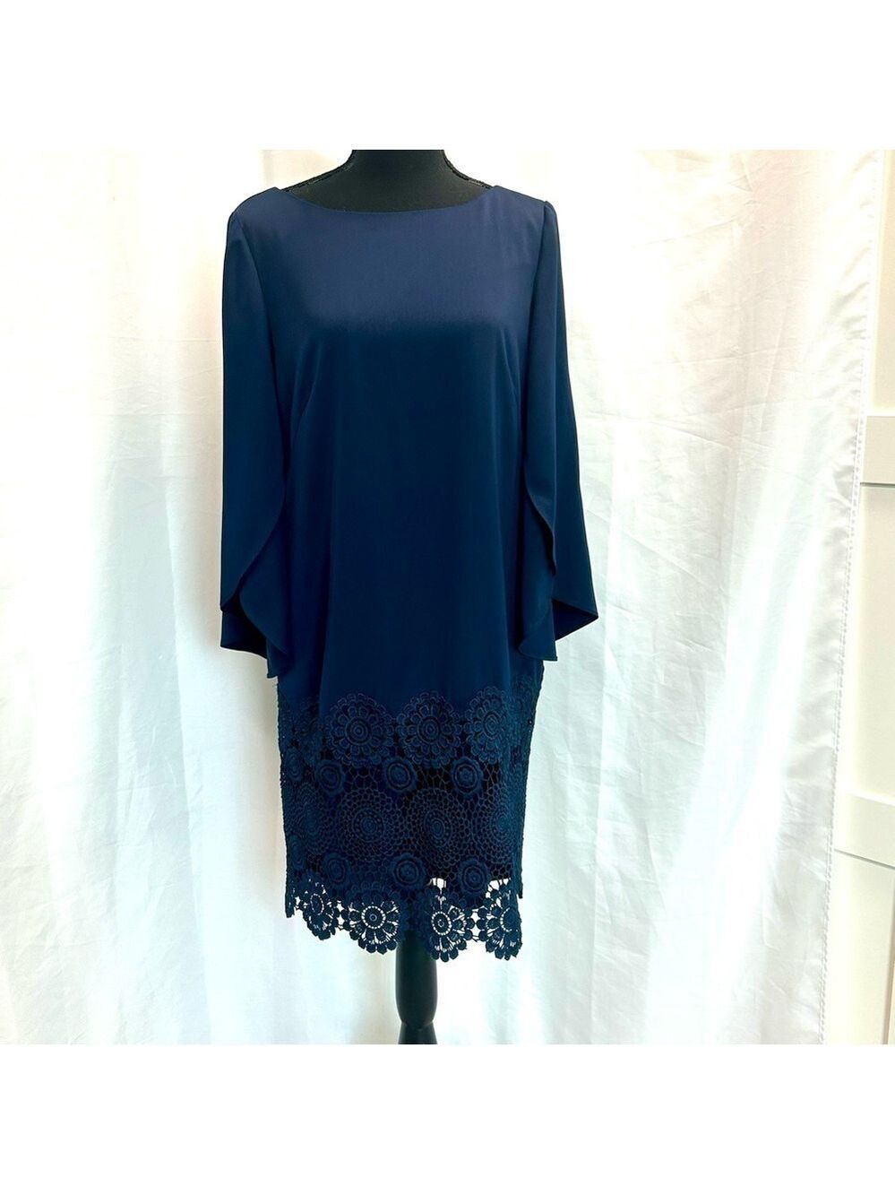 TAHARI ASL WOMEN'S NAVY BLUE EMBROIDERED LACE TRIM TULIP BELL SLEEVE SHIFT DRESS